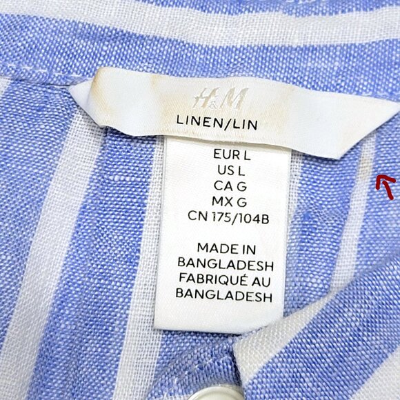 H&M Womens 100% Linen Button Down Top Size L Short Sleeve Blue Striped Coastal - Picture 11 of 11